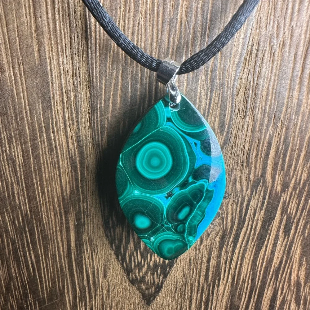 Chrysocolla Teardrop Pendant Necklace on Black Rope - Picture 11 of 14